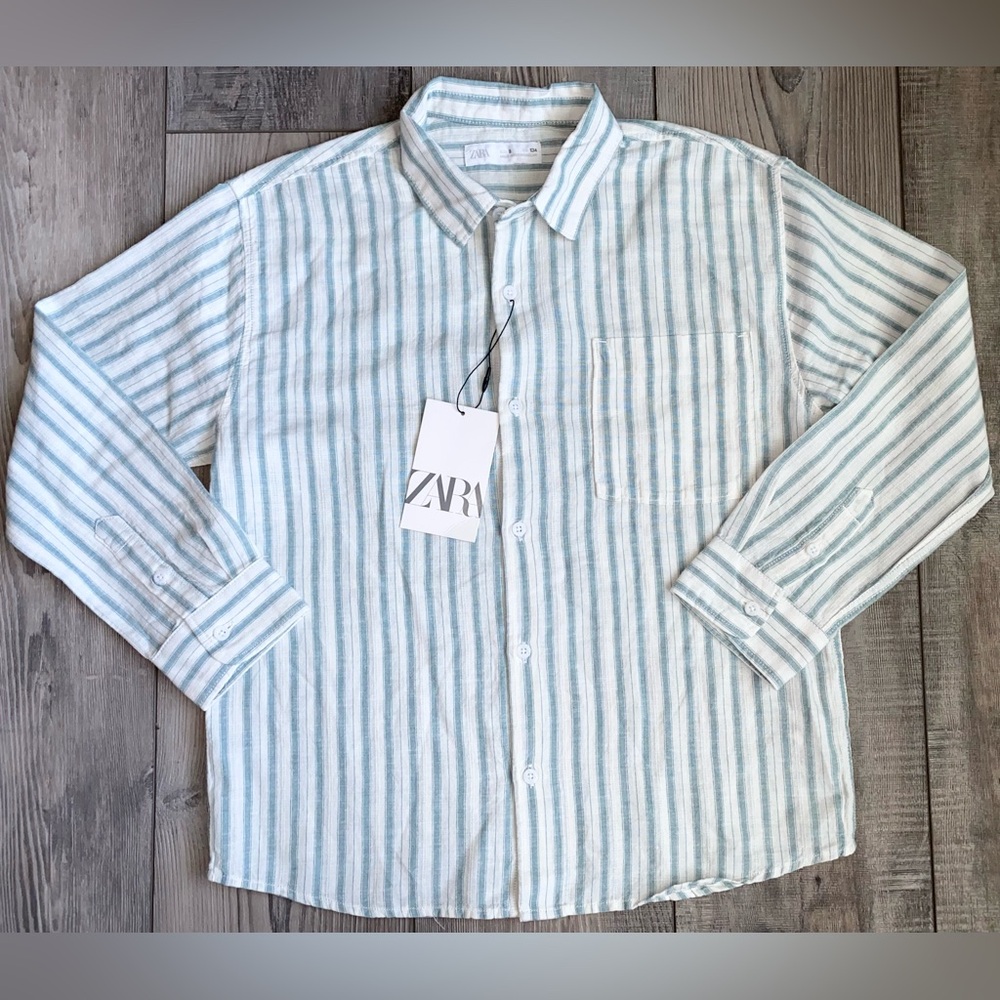 NWT Zara Button Down Dress Shirt Blue White Easter Stripes 23% Linen Boys Size 9